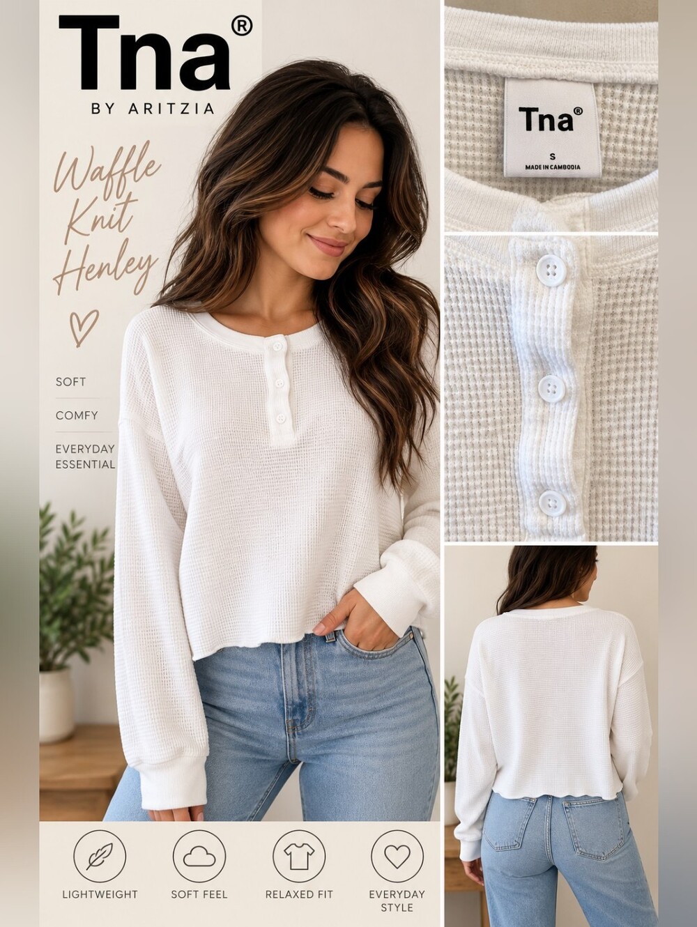 TNA Waffle Knit Henley Long Sleeve Top - White